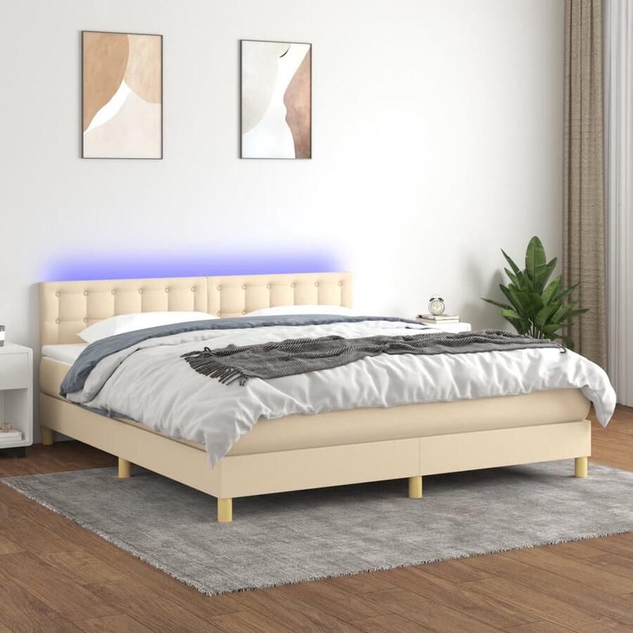 The Living Store Boxspring Bed 203 x 180 x 78 88 cm Crème Stof Pocketvering Matras Huidvriendelijk Topmatras Inclusief LED-verlichting Boxspring Bed Slaapcomfort Led Verlichting Creme Kleurig Pocketing Matras - Foto 2