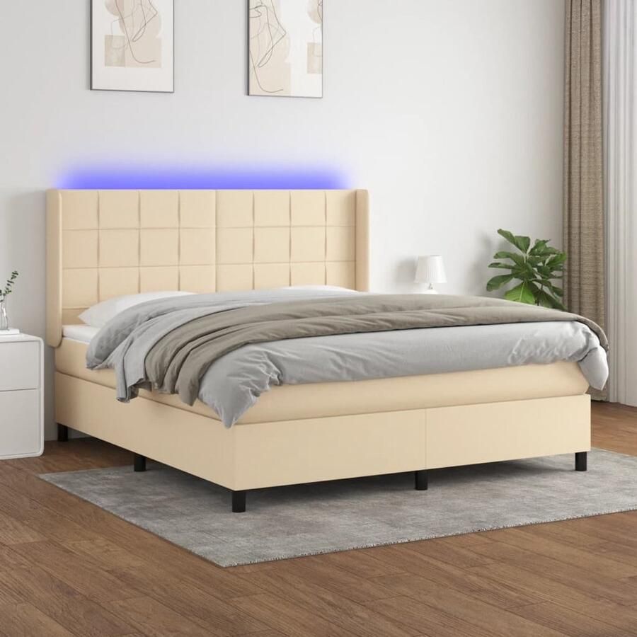 The Living Store Boxspring Bed 203 x 163 x118 128 cm Crème Pocketvering Matras Wit en Crème 160 x 200 x 20 cm Schuim Matras Topper Wit 160 x 200 x 5 cm LED-strip 55 cm DC 5V - Foto 2