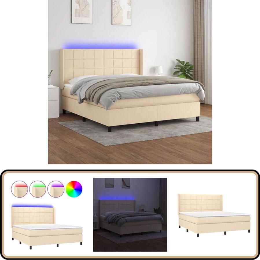 VidaXL Boxspring Met LED 180x200 cm crèmekleurig Boxspring Creme Kleurig Led Lampen Pocketed Veren Slaapcomfort Luxe Bed Bedroom Furniture Tweepersoonsbed