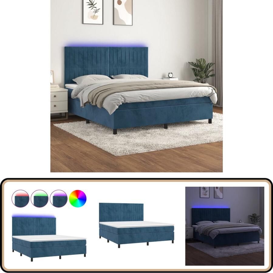 VidaXL Boxspring met matras en LED 160x200 cm Blauw Boxspring Bed Donkere Blauwe Boxspring Velvet Boxspring Led Boxspring Pocketed Spring Mattress Adjustable Headboard Slaapcomfort