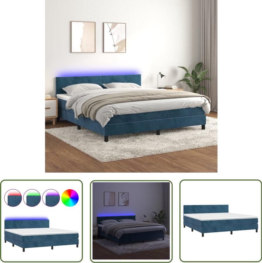 VidaXL Boxspring met LED 180x200 cm Donkerblauw Boxspring Donkere Blauwe Boxspring Fluweel Boxspring Led Boxspring Met Led Pocketed Spring Mattress