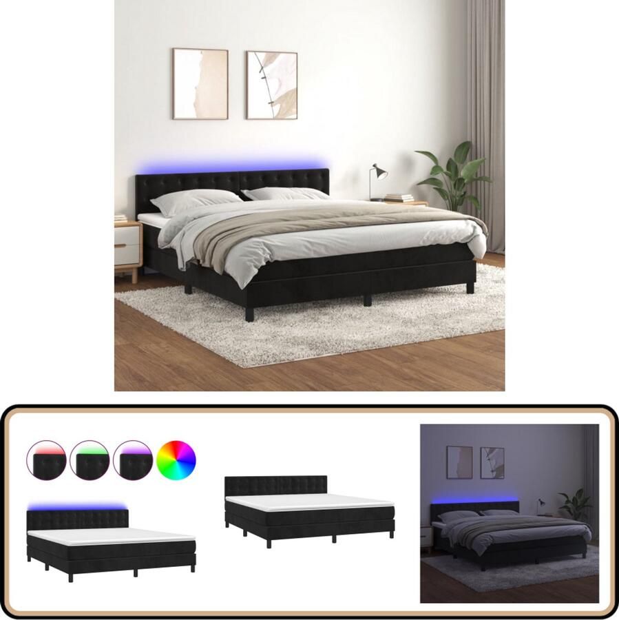 VidaXL Boxspring met LED 180x200 cm Fluweel Zwart Boxspring Fluweel Bed Zwarte Boxspring Verstelbare Hoofdbord Led Lampen Slaapcomfort