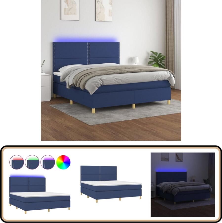 VidaXL Boxspring met LED 180x200 cm Stof Blauw Boxspring Led Bed Slaapcomfort Verstelbare Hoofdbord Pocketvering Matras Blauwe Boxspring Duurzame Materialen