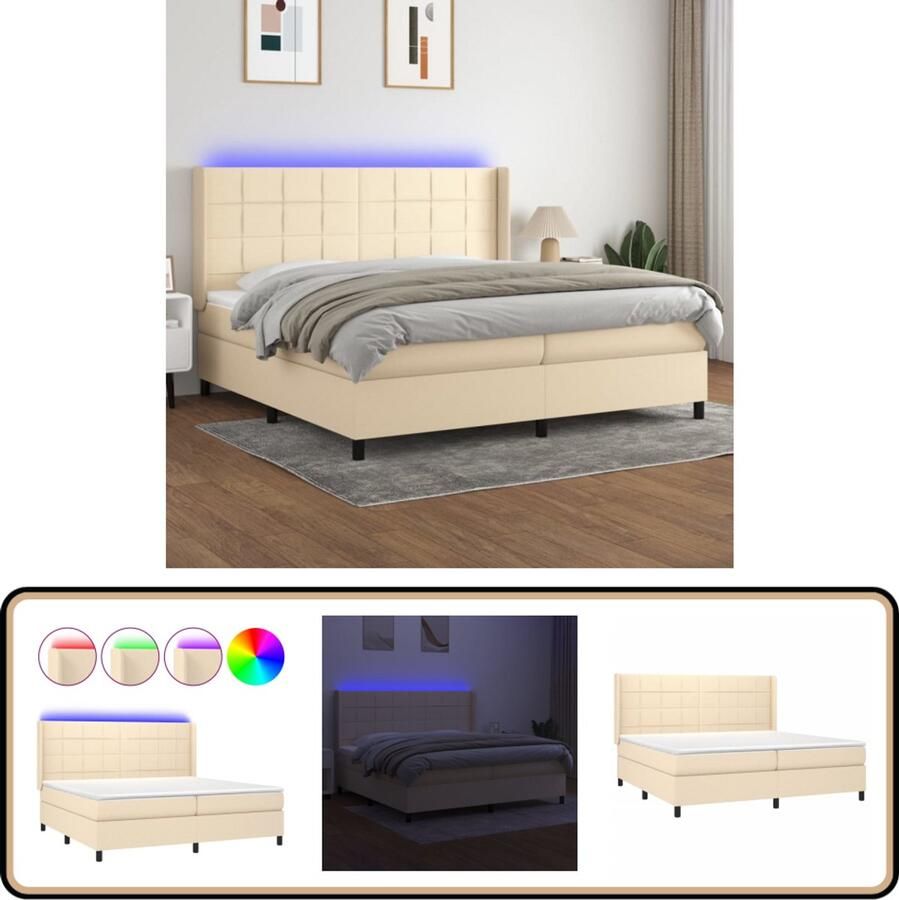 VidaXL Boxspring met LED 200x200 cm crèmekleurig Boxspring Boxsprings Creme Kleurig Bed Led Lampje Bed Elektrisch Bed Tweepersoons Bed King Size Bed Pocketed Veren Matras Hoogstaand Bed Luxueus Bed