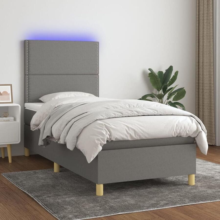 VidaXL Boxspring met matras en LED 90x200 cm Boxspring Bed Boxspring Led Lampje Elektrisch Hoofdbord Pocketed Spring Mattress Slaapcomfort Duurzame Materialen Grijs Bed