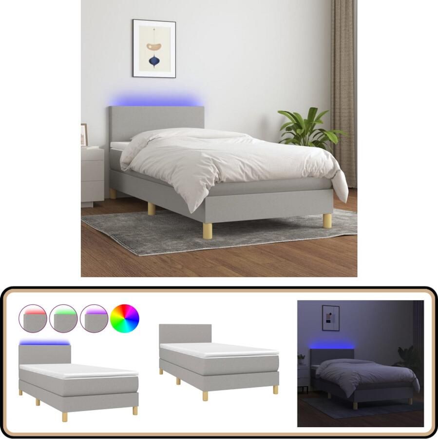 VidaXL Boxspring Met Matras en LED 90x200 cm Lichtgrijs Boxspring Led Boxspring Met Led Slaapcomfort Slaapkamers Bedroom Furniture Design Bed Modern Bed Grijs Bed - Foto 2