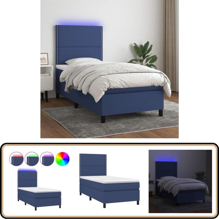 VidaXL Boxspring 90x200 cm Met matras en LED Boxspring Bed Led Lamp Slaapcomfort Tweepersoonsbed Blauwwaren