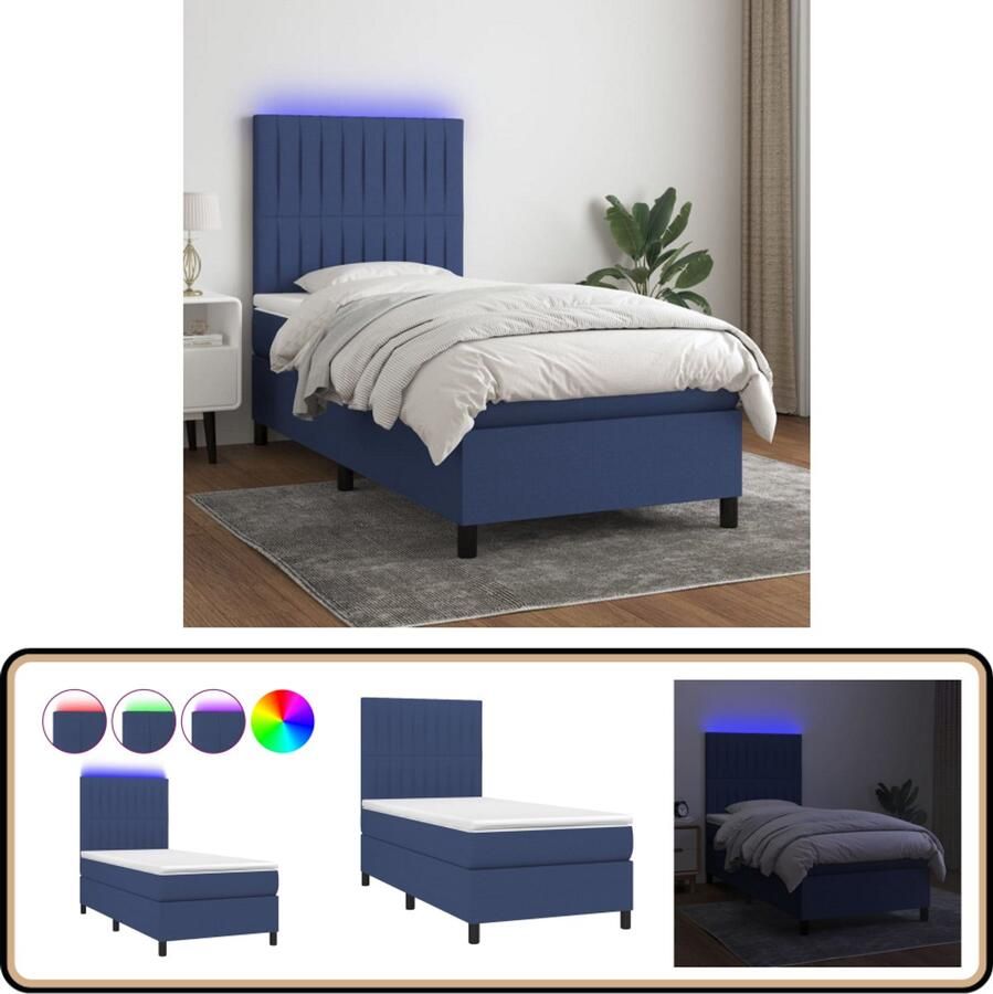 VidaXL Boxspring met LED Stof Blauw 90x190 cm Boxspring Led Bed Boxspring Met Led Blauwe Boxspring Pocketveer Matras Slaapcomfort Hoofdbord Adjustable Headboard