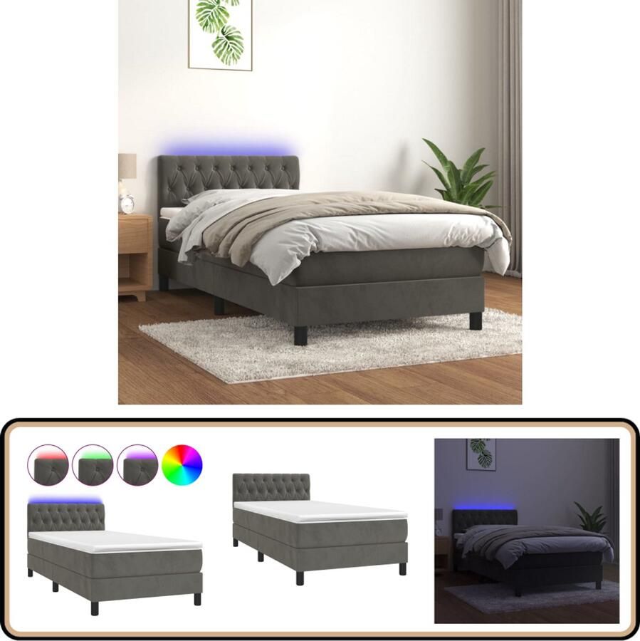 VidaXL Boxspring met LED 100x200 cm Donkergrijs Boxspring Donkere Kleuren Velvet Led Verlichting Elektrisch Verstelbare Hoofdbord Pocketed Spring Mattress Slaapcomfort