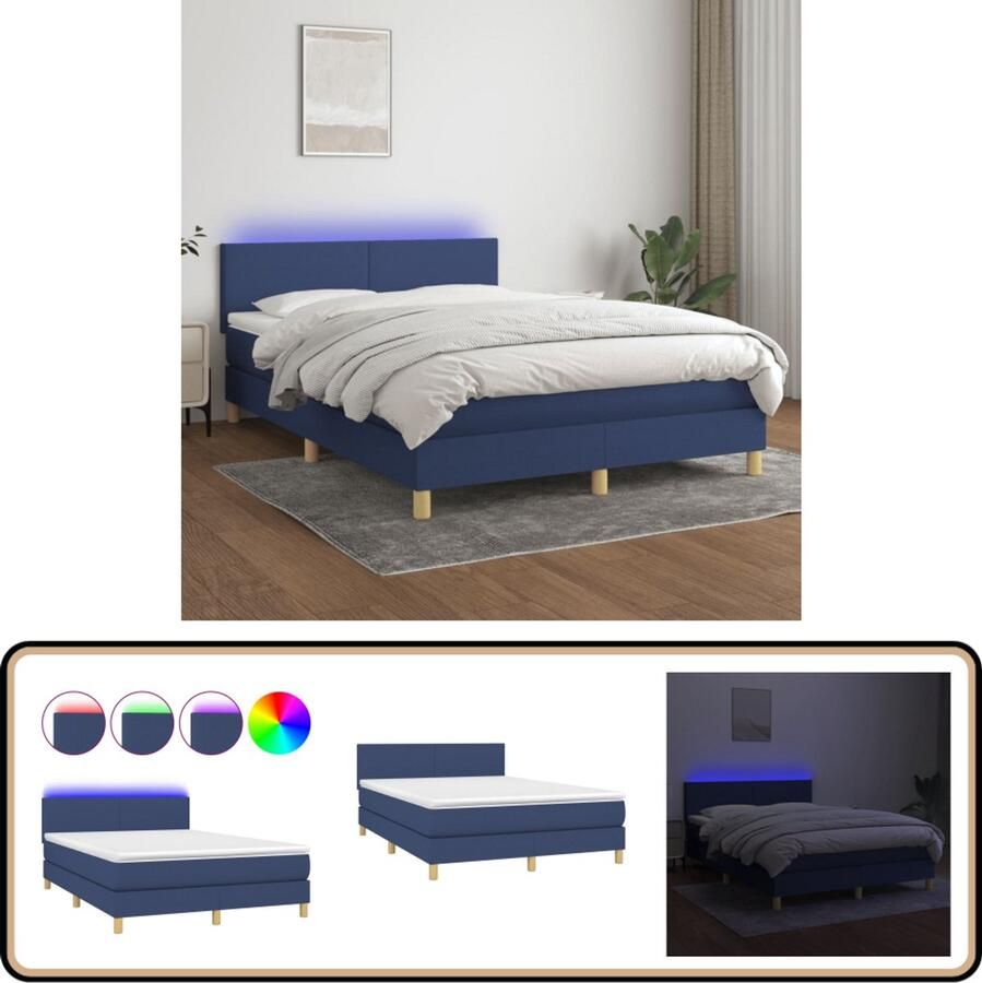 VidaXL Boxspring met LED Blauw 140x200 cm Boxspring Bed Slaapcomfort Led Verlichting Verstelbare Hoofdbord Pocketvering Matras