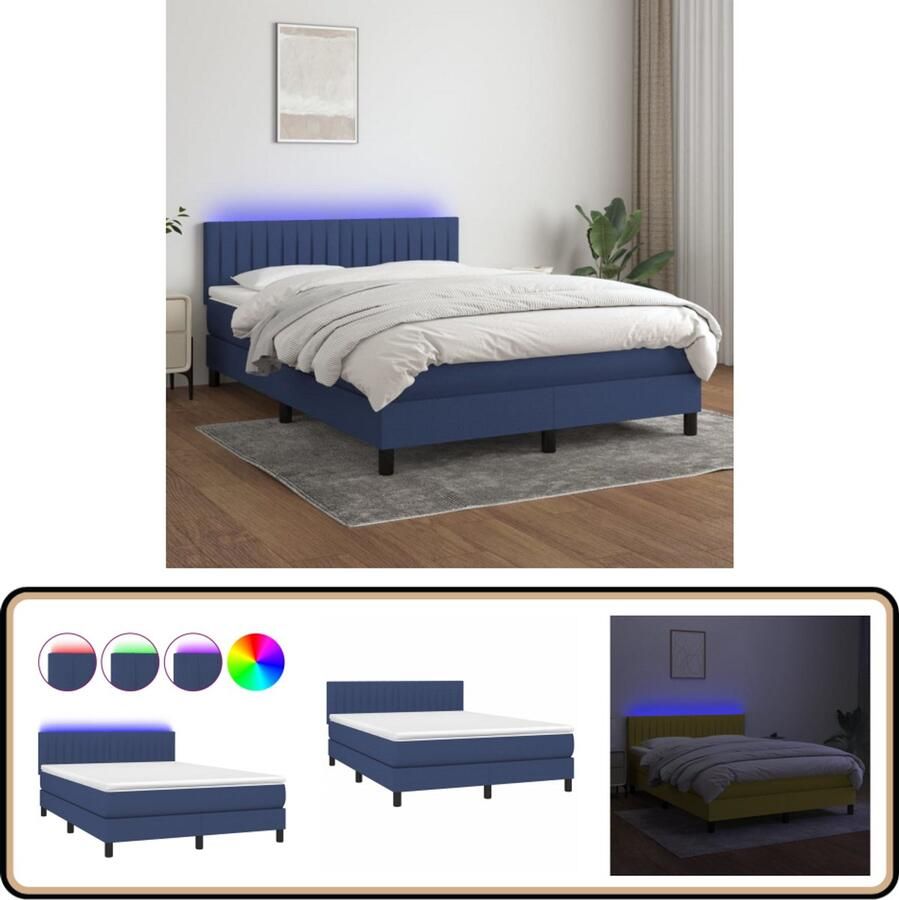 VidaXL Boxspring met LED Blauw 140x200 cm Boxspring Led Bed Elektrisch Hoofdbord Pocketed Veren Matras Stof Bed Tweepersoons Bed Boxspring Frame Bedroom Furniture