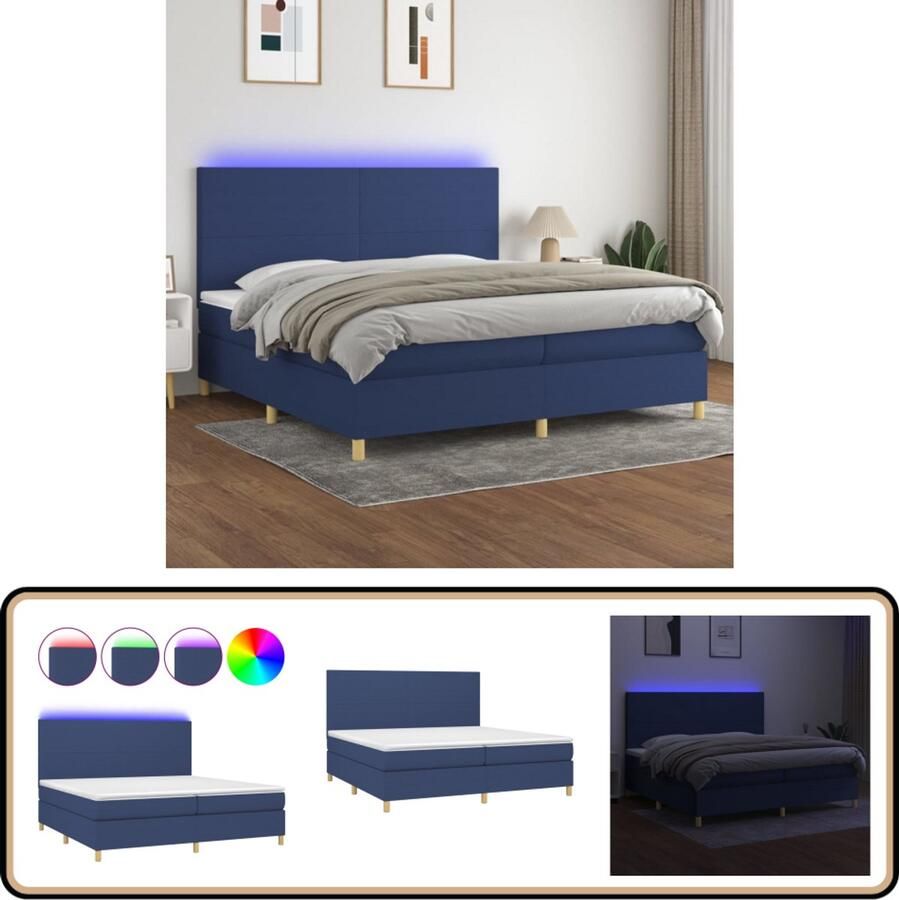 VidaXL Boxspring met LED Blauw 200x200 cm Boxspring Led Bed Verstelbare Hoofdbord Pocketveer Matras Huidgevend Topmatras Blauwe Boxspring