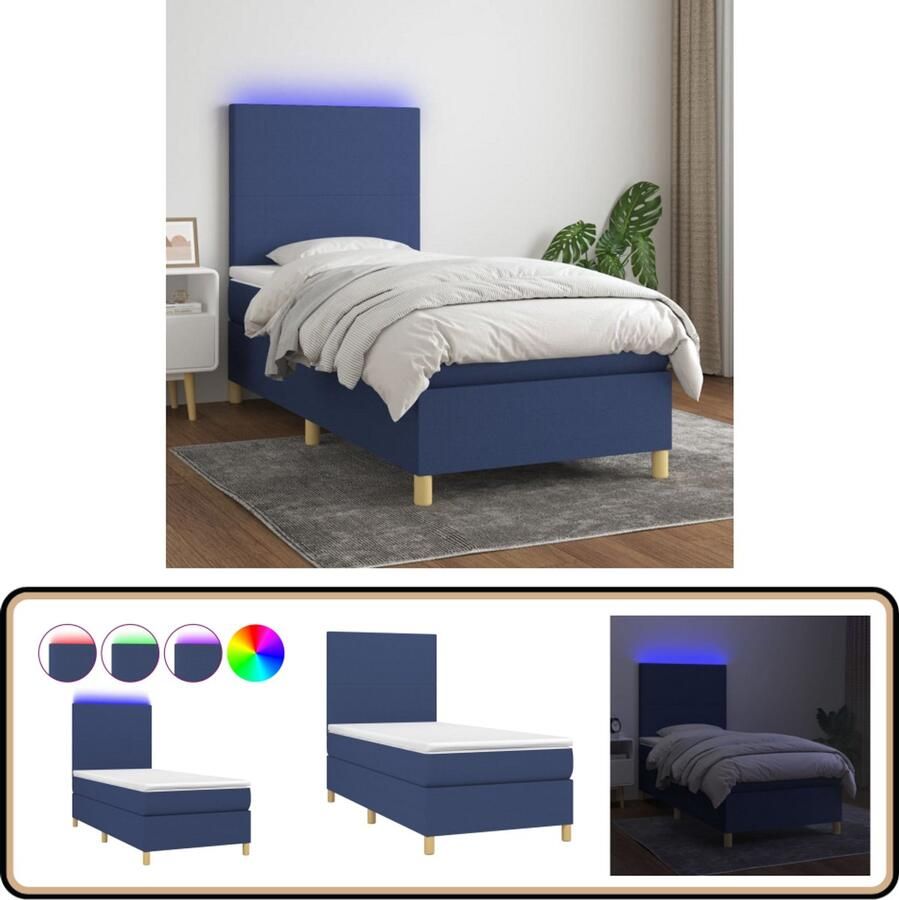VidaXL Boxspring met LED Blauw 80x200 cm Boxspring Led Boxspring Met Led Pocketveer Matras Slaapcomfort Huidgevend Blauwe Boxspring Tweepersoons Boxspring