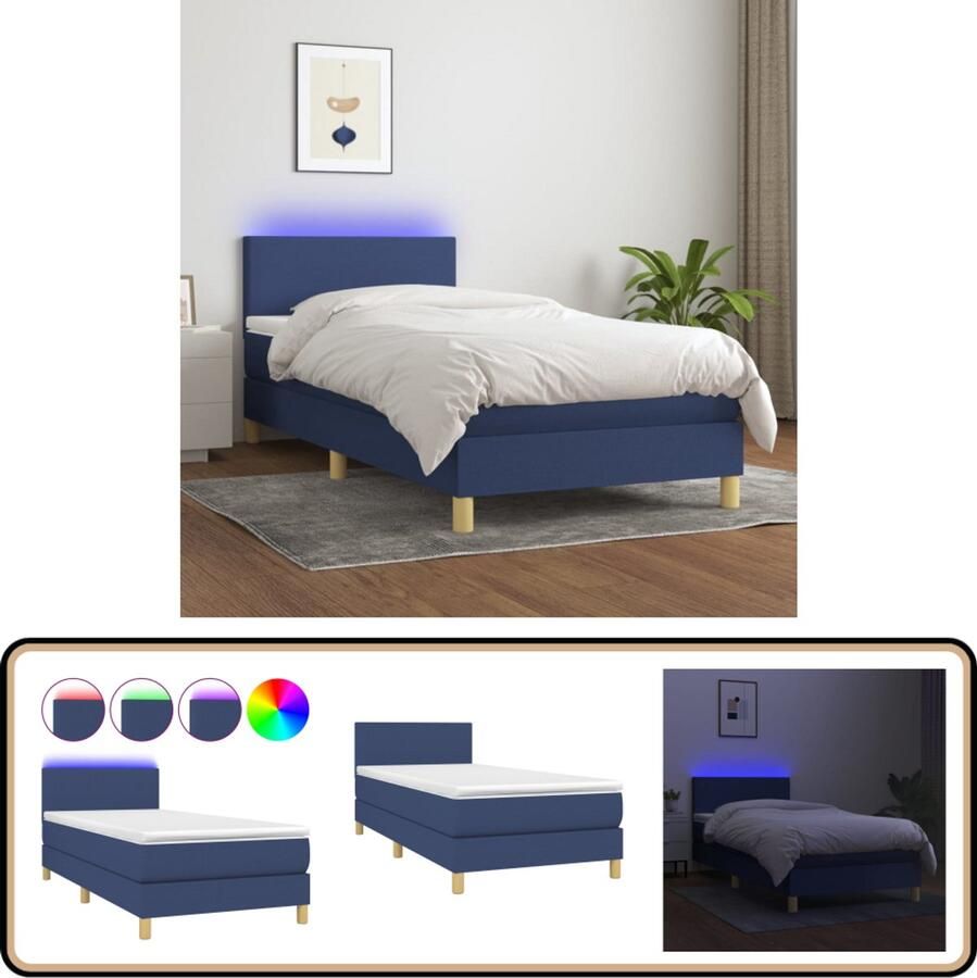 VidaXL Boxspring met LED Blauw 90x190 cm Boxspring Bed Slaapcomfort Led Verlichting Verstelbare Hoofdbord Pocketvering Matras