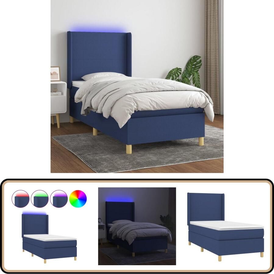 VidaXL Boxspring Matras en LED Blauw 100x200 cm Boxspring Bed Led Bed Slaapcomfort Pocketed Spring Mattress Hoofdbord Blauwe Boxspring Tweepersoons Bed
