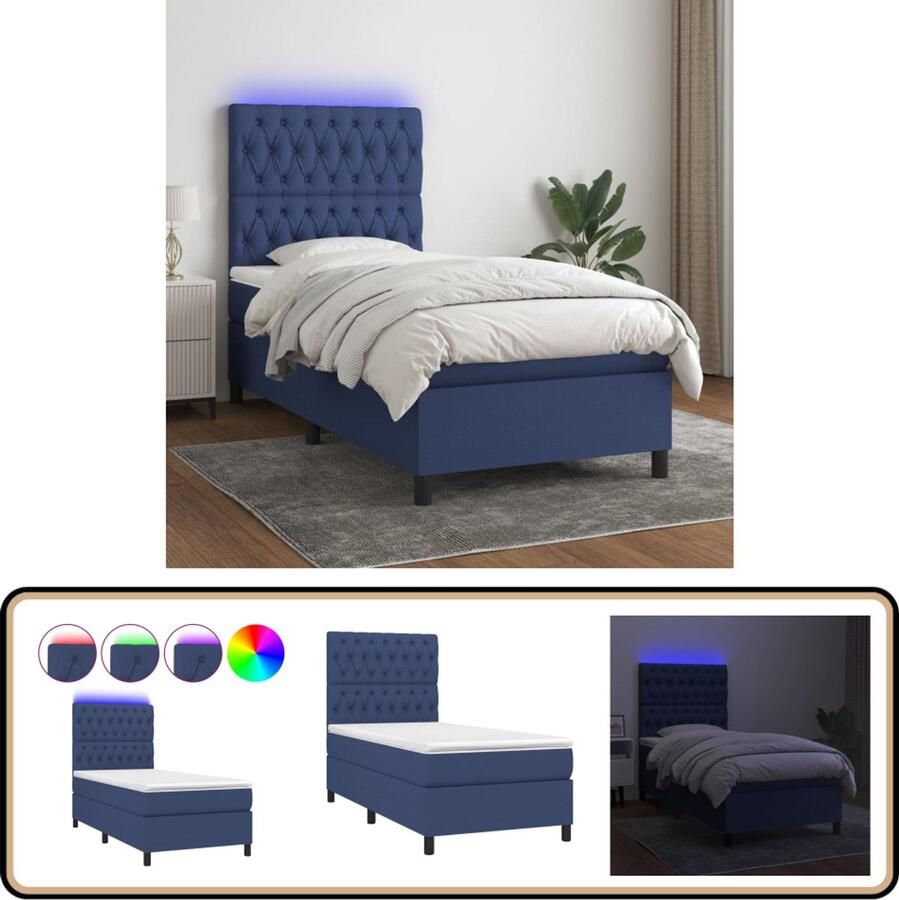 VidaXL Boxspring met LED Blauw 90x190 cm Boxspring Led Bed Blauwe Boxspring Pocketveer Matras Slaapcomfort Hoofdbord Adjustable Headboard