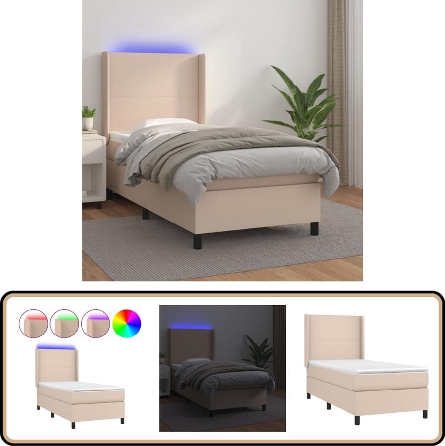 VidaXL Boxspring met LED Cappuccino 100x200 cm Boxspring Bed Leder Look Led Verlichting Kapstok Hoofdbord