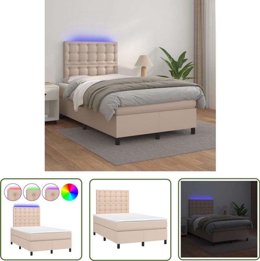 VidaXL Boxspring met LED Cappuccino 120x200 cm Boxspring Lederlook Bed Led Bed Kapstok Hoofdbord Verstelbaar Tweepersoons Bed