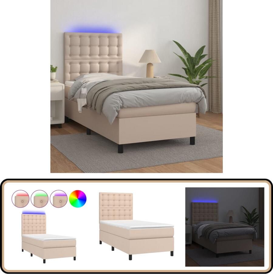 VidaXL Boxspring LED Kunstleer Cappuccino 90x190 cm Boxspring Bed Frame Lederlook Bruine Bank Slaapcomfort Led Verlichting Kapstok - Foto 2