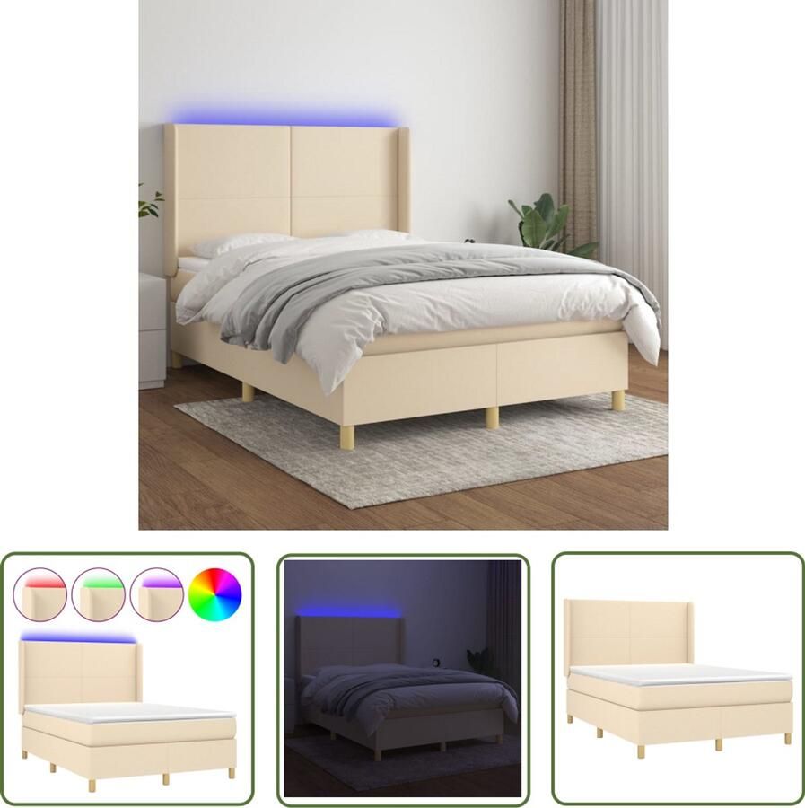 VidaXL Boxspring met matras en LED 140x200 cm Crème Boxspring Slaapcomfort Led Verlichting Pocketed Veren Cremekleurig