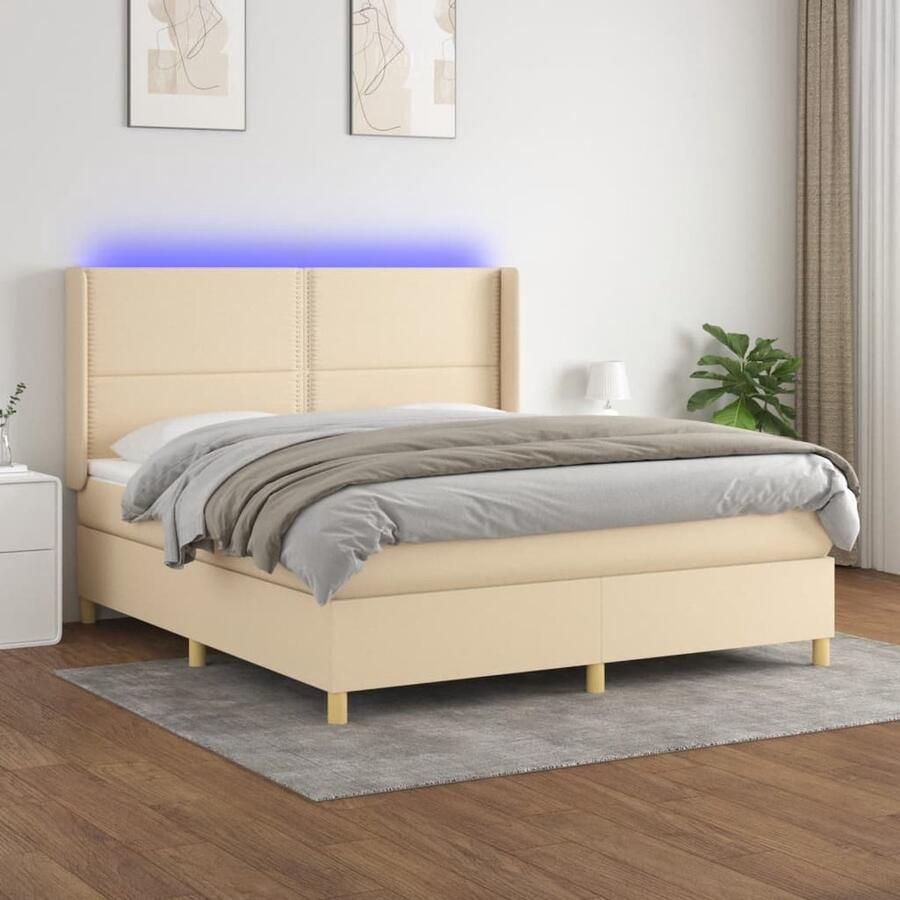 VidaXL Boxspring met LED crèmekleurig 180x200 cm Boxspring Led Boxspring Creme Boxspring Pocketveer Matras Slaapcomfort Hoofdbord Adjustable Headboard Bedroom Furniture - Foto 2