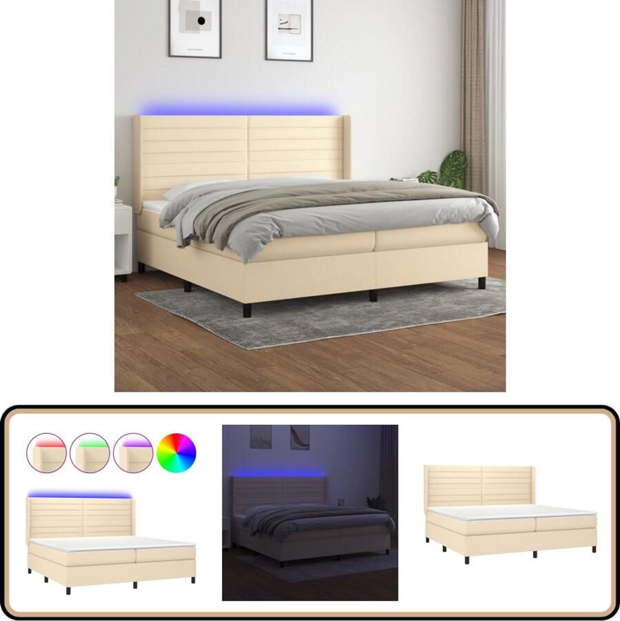 VidaXL Boxspring Met LED Crèmekleurig 200x200 cm Boxspring Bed Frame Verstelbare Hoofdbord Led Verlichting Pocketveer Matras Huidgevend Topmatras Creme