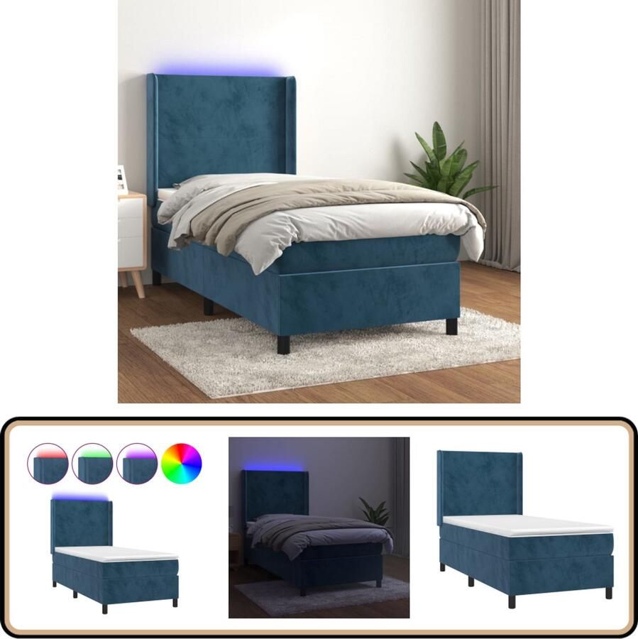 VidaXL Boxspring met LED Fluweel Donkerblauw 100x200 cm Boxspring Boxsprings Led Bed Velvet Bed Blauw Bed Tweepersoonsbed Slaapcomfort King Size Bed