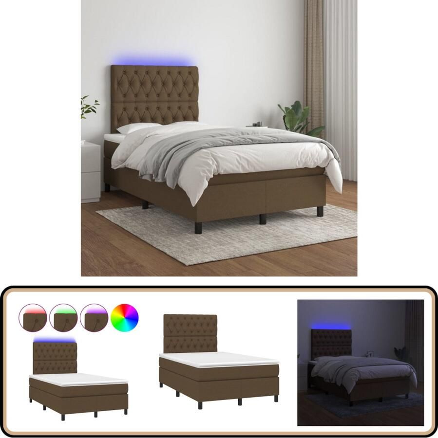 VidaXL Boxspring met LED Donkerbruin 120x200 cm Boxspring Boxsprings Bed Beds Slaapcomfort Led Lamp Adjustable Headboard Pocketed Spring Mattress Skin Friendly Topper