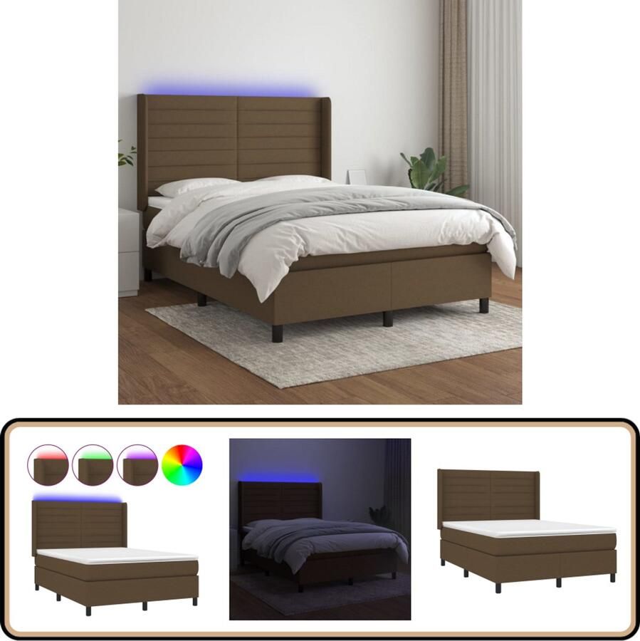 VidaXL Boxspring met LED 140x190 cm Donkerbruin Boxspring Led Lamp Boxsprings Slaapcomfort Tweepersoonsbed Donkere Kleuren Designbed Bedroom Furniture Hoofdbord Lederlook