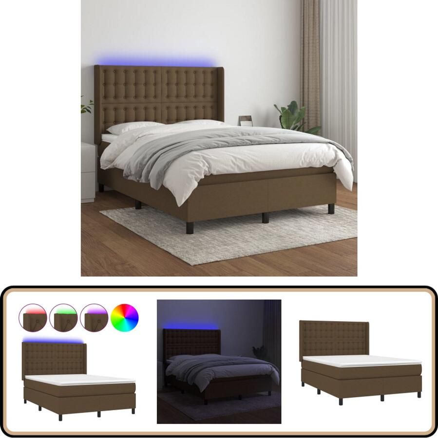 VidaXL Boxspring met LED Donkerbruin 140x200 cm Boxspring Led Bed Pocketveer Matras Bruine Bed Tweepersoons Bed