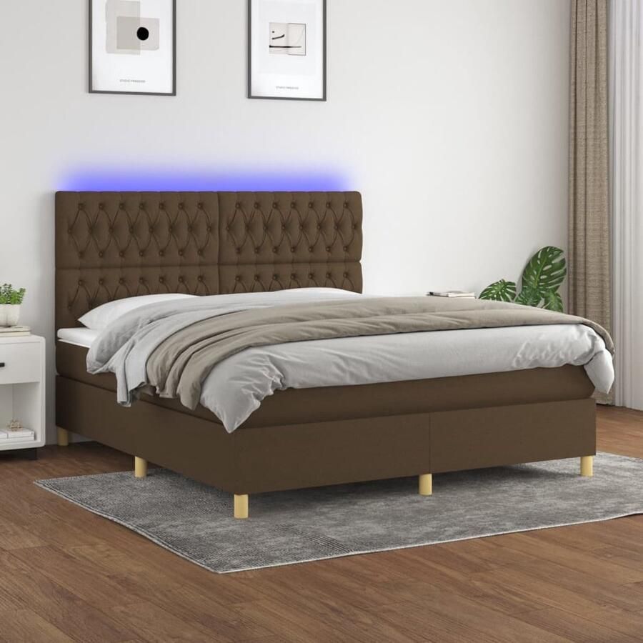 VidaXL Boxspring met LED Donkerbruin 180x200 cm Boxspring Bed Led Lamp Pocketed Spring Mattress Hoofdbord Bruine Boxspring Donkere Kleuren - Foto 2
