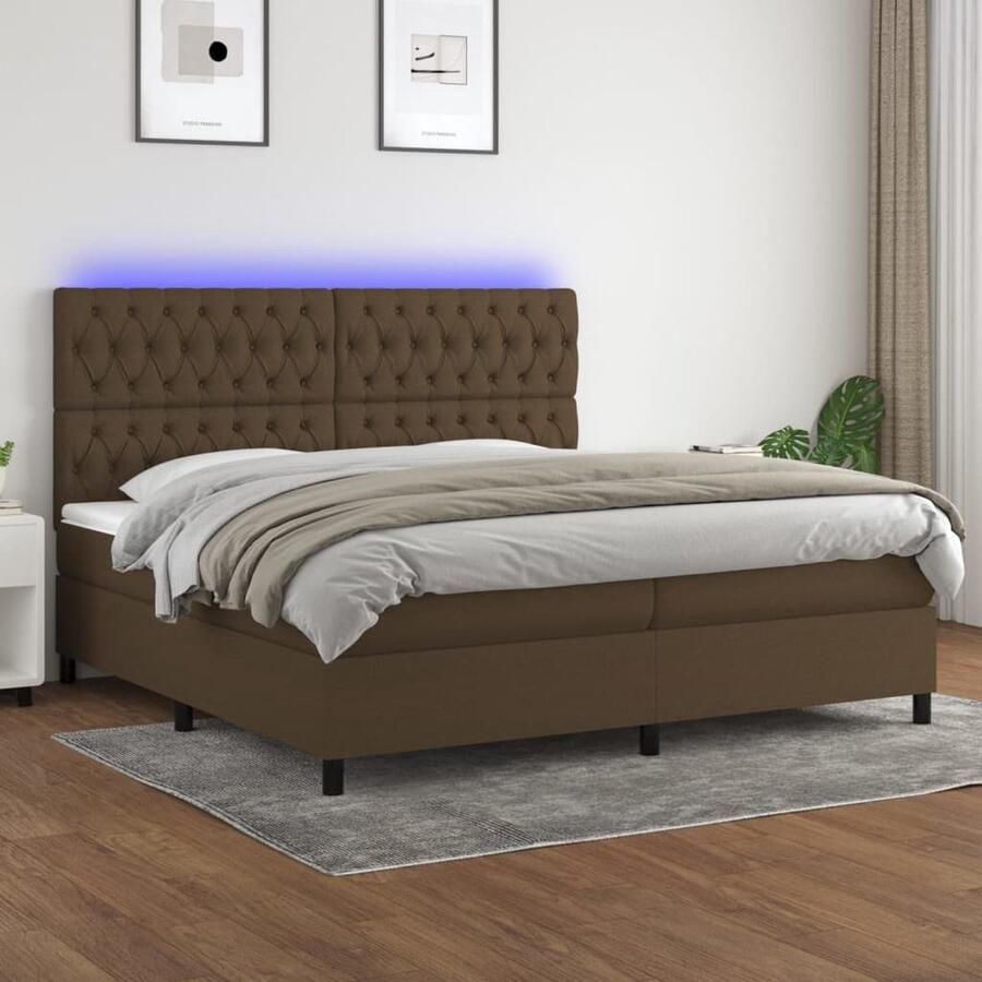 VidaXL Boxspring met LED donkerbruin 200x200 cm Boxspring Bed Frame Lederlook Bed Bruine Bed Verstelbare Hoofdbord Led Lampje Pocketveer Matras Slaapcomfort - Foto 2