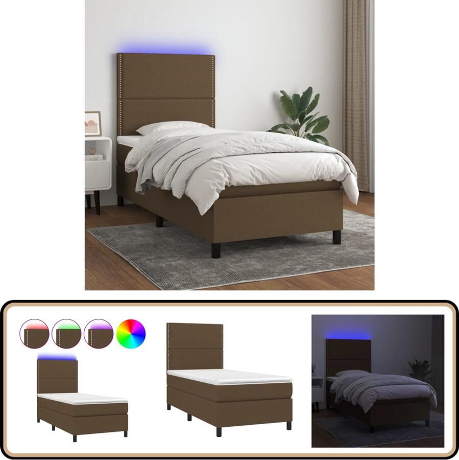 VidaXL Boxspring met LED en matras 100x200 cm Donkerbruin Boxspring Donkere Bruine Boxspring Led Boxspring Met Led Pocketveer Matras Boxspring Frame Slaapcomfort Bedroom Furniture