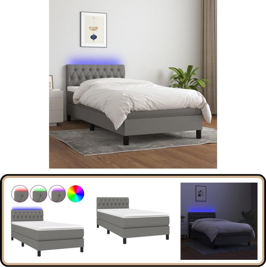 VidaXL Boxspring Donkergrijs 90x200 cm Inclusief LED Boxspring Donkere Kleuren Led Lampje Pocketed Veren Slaapcomfort Slaapkamers