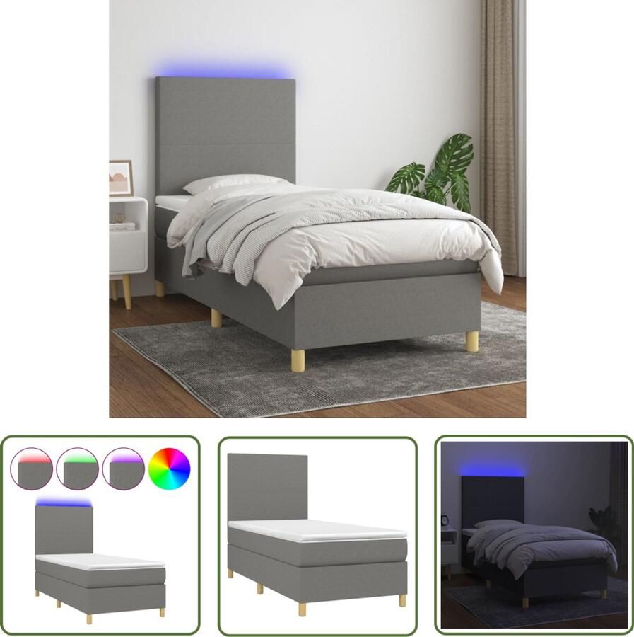VidaXL Boxspring met LED Donkergrijs 100x200 cm Boxspring Led Bed Boxspring Met Led Donkere Grijze Boxspring Tweepersoons Boxspring Pocketed Spring Mattress Adjustable Headboard - Foto 2