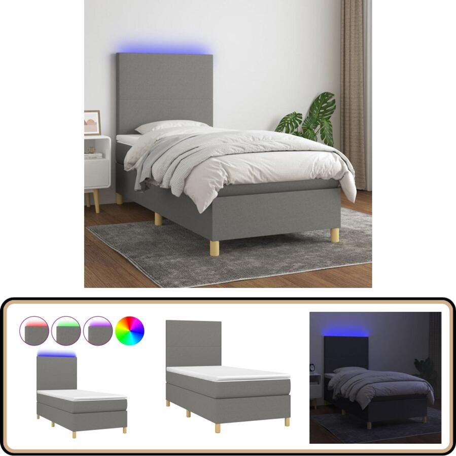 VidaXL Boxspring met LED Donkergrijs 100x200 cm Boxspring Led Bed Boxspring Met Led Donkere Grijze Boxspring Tweepersoons Boxspring Pocketed Spring Mattress Adjustable Headboard