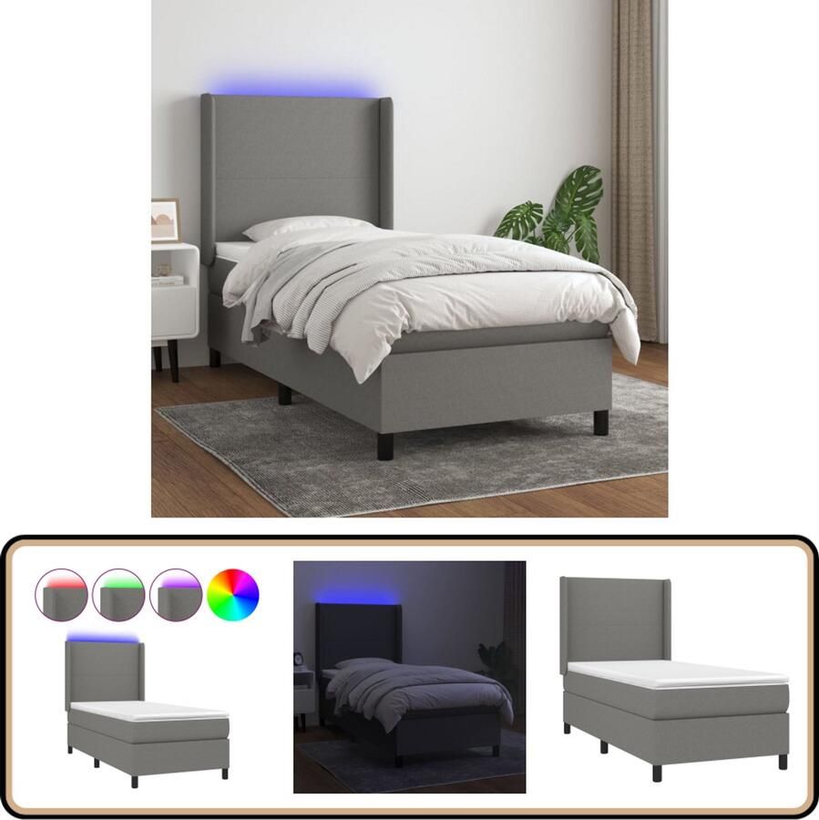 VidaXL Boxspring Donkergrijs Inclusief LED 90x190 cm Boxspring Donkere Kleuren Led Verlichting Boxsprings Slaapcomfort Pocketvering Lederlook