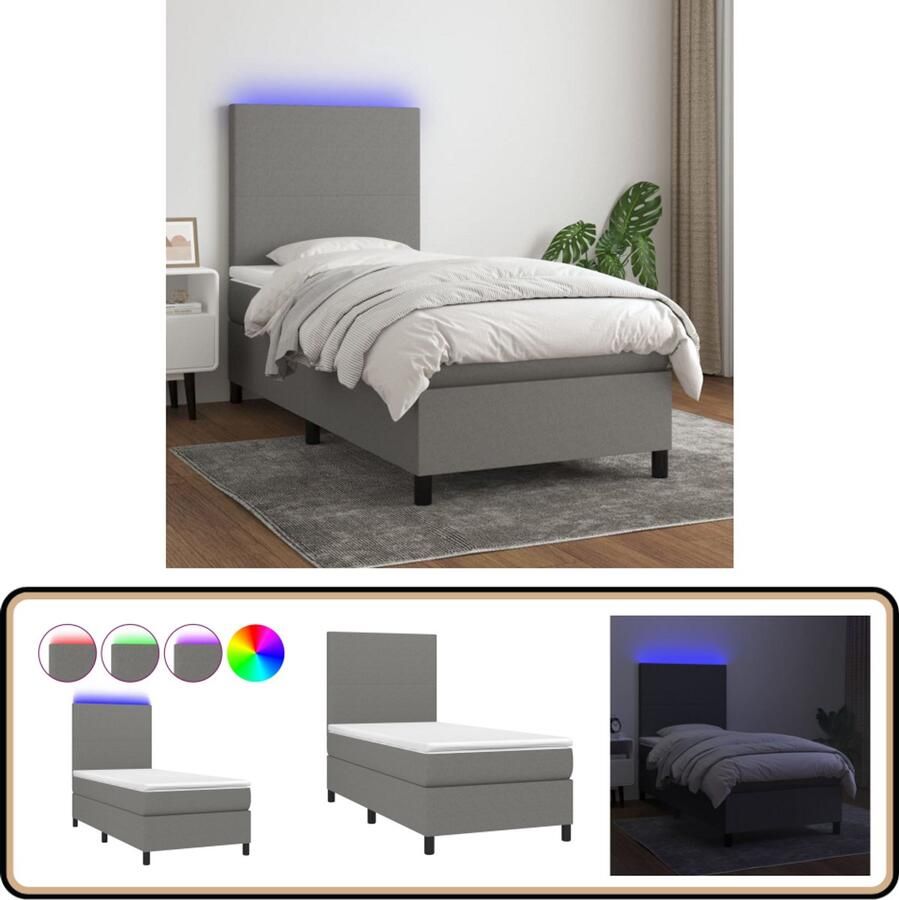 VidaXL Boxspring met LED Donkergrijs 100x200 cm Boxspring Slaapcomfort Led Verlichting Boxspring Kopen Adjustable Headboard Pocketed Spring Mattress Duurzame Materialen