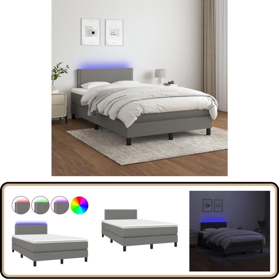 VidaXL Boxspring met LED Donkergrijs 120x200 cm Boxspring Donkere Kleuren Led Lamp Pocketveer Matras Slaapcomfort Hoofdbord Bedroom Decor - Foto 2