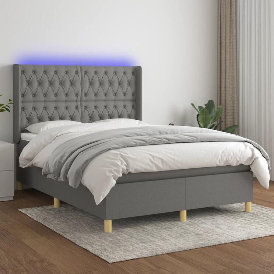 VidaXL Boxspring met LED donkergrijs 140x190 cm Boxspring Led Lamp Pocketed Spring Mattress Hoofdbord Grijs Bed Slaapcomfort - Foto 2
