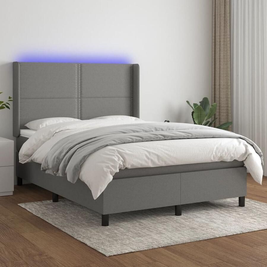 VidaXL Boxspring met LED Donkergrijs 140x200 cm Boxspring Led Lamp Boxspring Grijs Pocketveer Matras Slaapcomfort Hoofdbord Bedroom Furniture - Foto 2