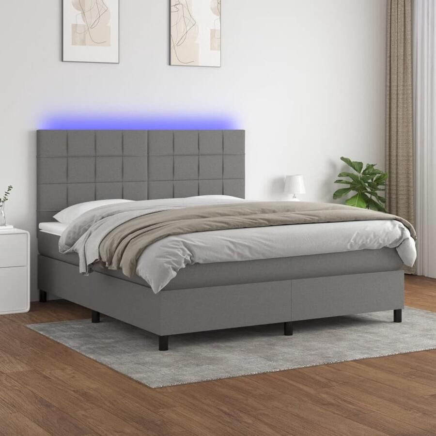VidaXL Boxspring met LED Donkergrijs 180x200 cm Boxspring Bed Donkere Kleuren Led Verlichting Pocketed Veren Matras Hoofdbord Verstelbaar Luxe Bed - Foto 2