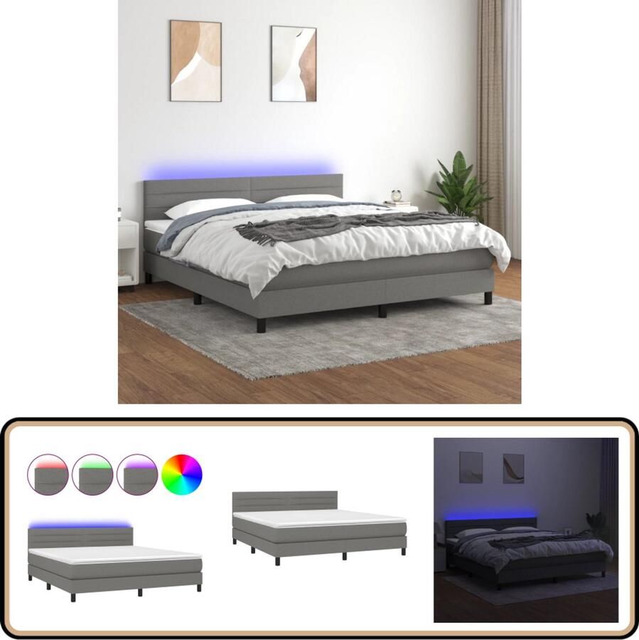 VidaXL Boxspring met LED Donkergrijs 180x200 cm Boxspring Bed Donkere Kleuren Led Verlichting Elektrisch Verstelbare Hoofdbord Pocketveer Matras Slaapcomfort
