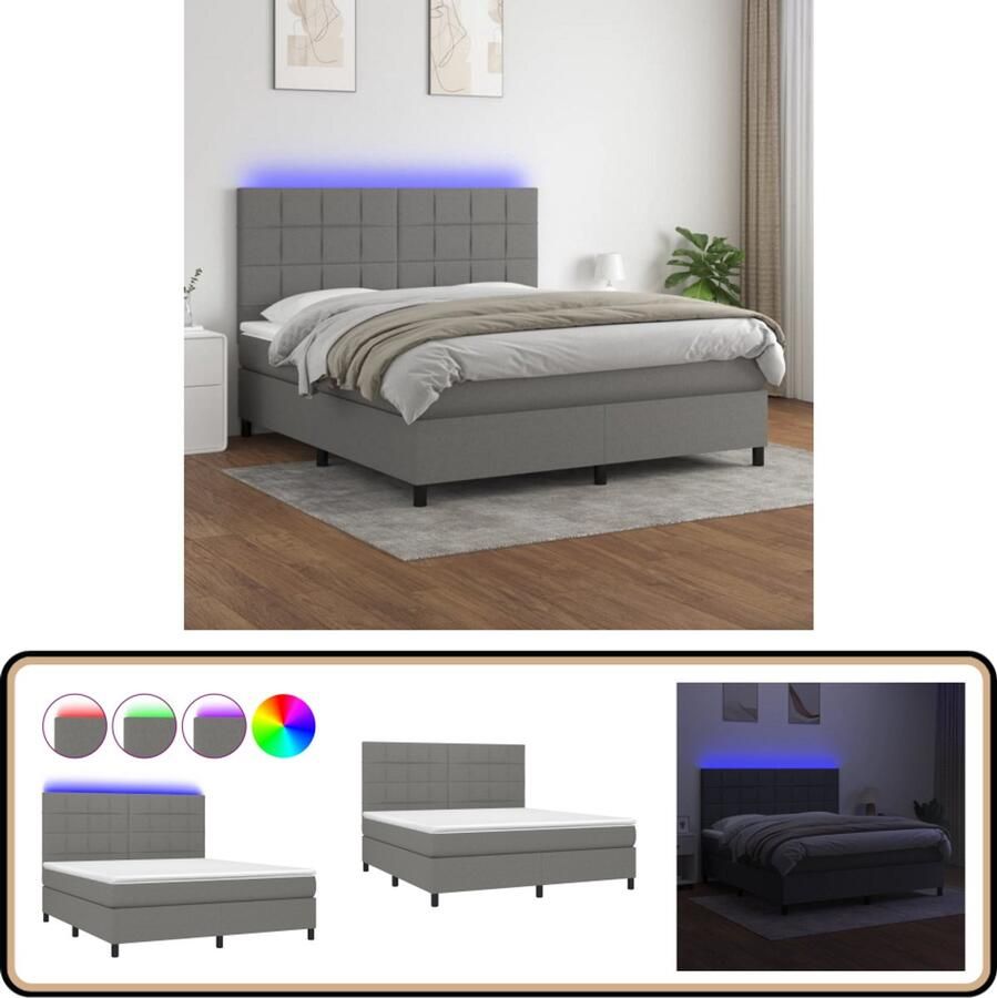 VidaXL Boxspring met LED Donkergrijs 180x200 cm Boxspring Bed Donkere Kleuren Led Verlichting Pocketed Veren Matras Hoofdbord Verstelbaar Luxe Bed