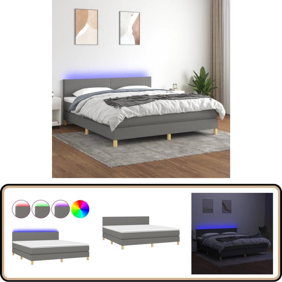 VidaXL Boxspring met LED Donkergrijs 180x200 cm Boxspring Donkere Kleuren Led Verlichting Pocketing Matras Slaapcomfort Bedroom Furniture