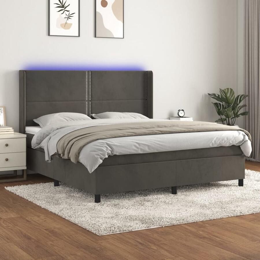 VidaXL Boxspring LED Fluweel Donkergrijs 160x200 cm Boxspring Led Bed Velvet Bed Tweepersoons Bed King Size Bed Slaapcomfort Hoofdbord Pocketed Spring Mattress - Foto 2