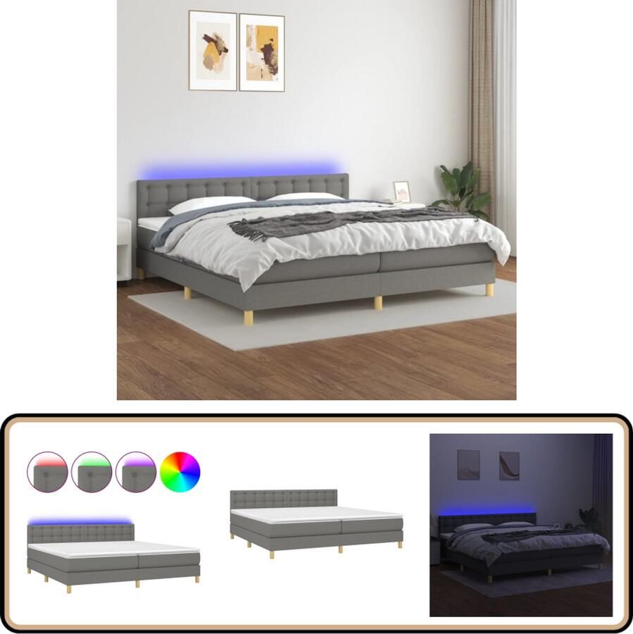 VidaXL Boxspring met LED Donkergrijs 200x200 cm Boxspring Led Bed Donkere Kleuren Slaapcomfort Pocketed Spring Mattress
