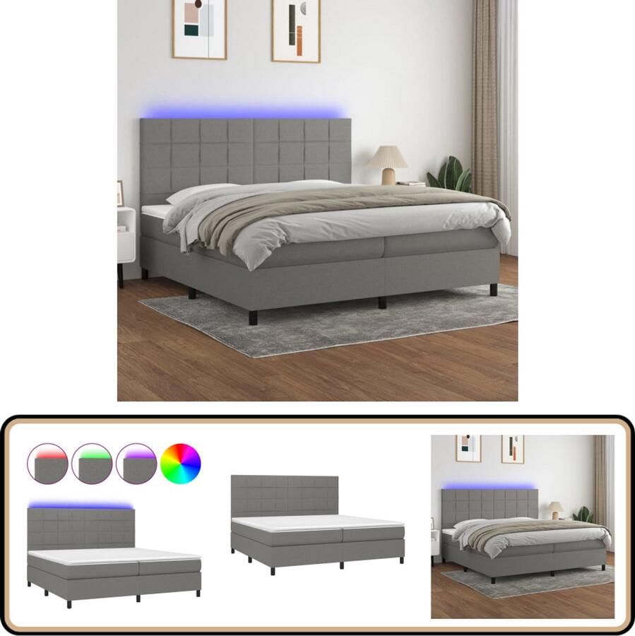 VidaXL Boxspring Met LED Donkergrijs 200x200 cm Boxspring Led Boxspring Donkere Boxspring Grijs Tweepersoons Boxspring Pocketveer Matras Slaapcomfort