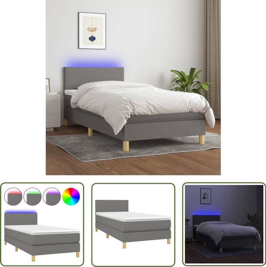 VidaXL Boxspring met LED Donkergrijs 80x200 cm Boxspring Bed Boxspring Tweepersoonsbed Donkere Kleuren Led Verlichting Verstelbare Hoofdbord Usb Aansluiting Pocketveer Matras Huidgevend Topmatras
