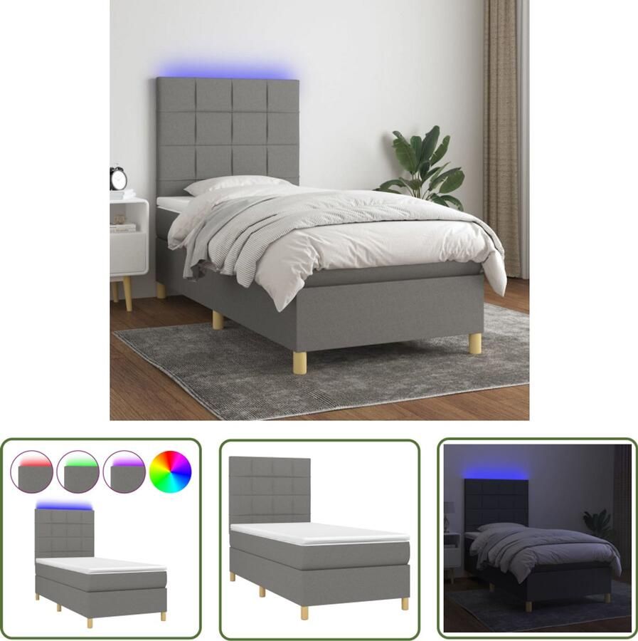 VidaXL Boxspring met matras en LED 90x200 cm Donkergrijs Boxspring Bed Led Bed Donkere Grijze Boxspring Pocketed Spring Mattress Comfortabele Boxspring King Size Bed Tweepersoonsbed - Foto 2